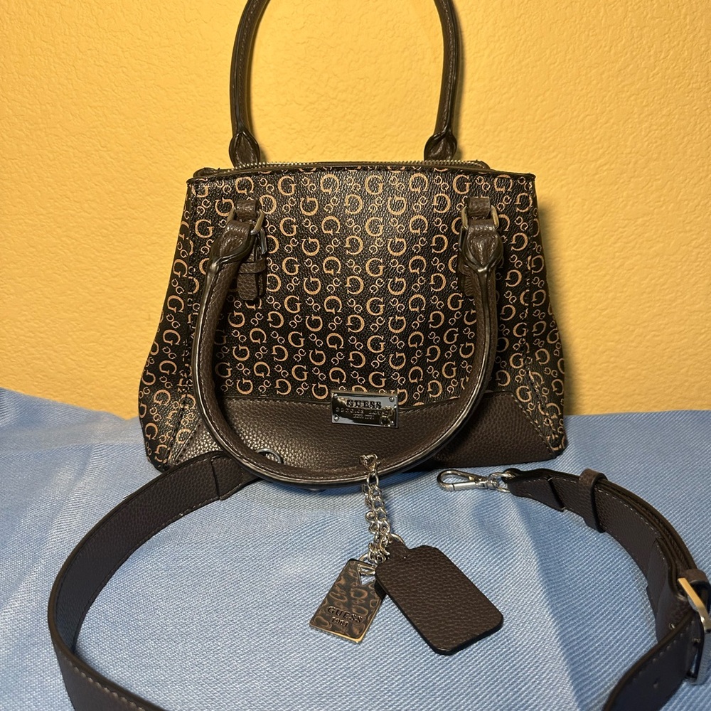 GUESS Monogram Satchel Bag SV659606 Brown Logo Purse Leopard Lining